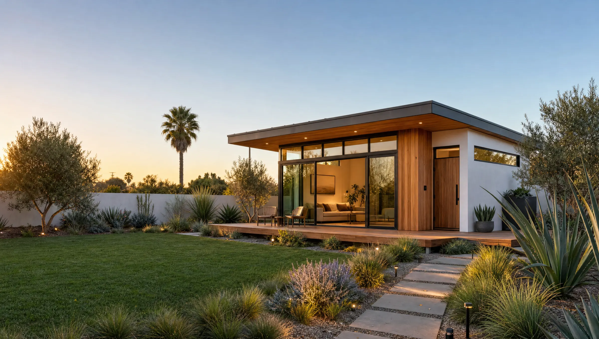 ADU builder in Bellflower, CA: modern detached ADU with cedar slat siding, white stucco, a black steel glass wall and a covered deck, set in a landscaped Southern California backyard at dusk